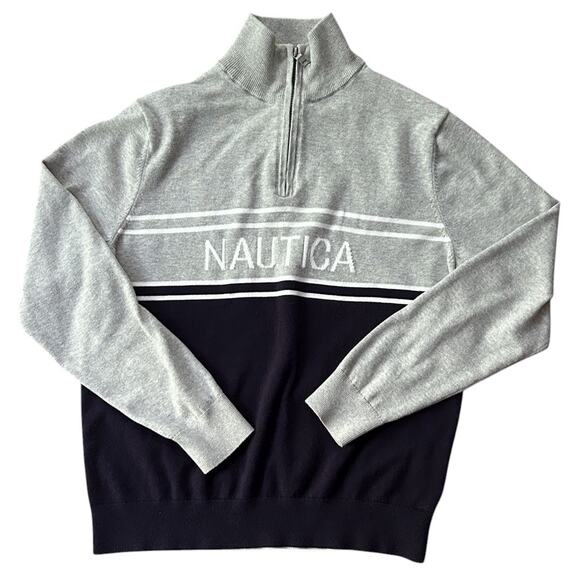 Nautica Gray & Navy Blue 1/4 Zip Cotton Logo Sweater Men's Medium - Picture 1 of 6